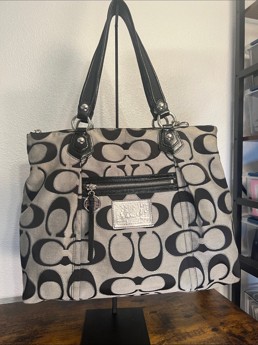 Coach Black and Cream Signature Tote with Front Zip Pocket